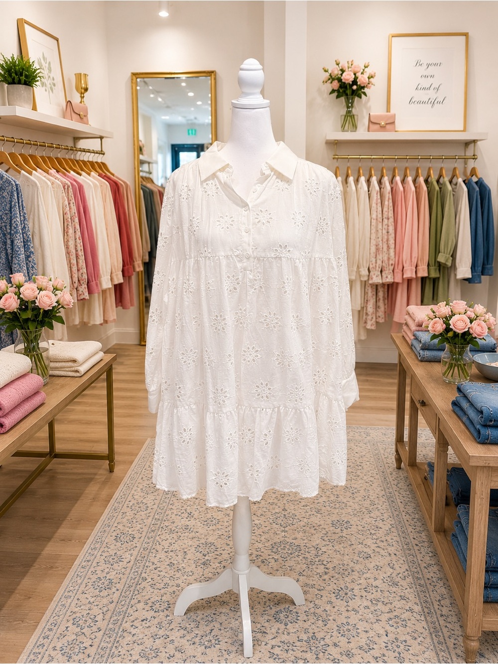 Flea Style White Eyelet Tiered Cotton Dress Size Large